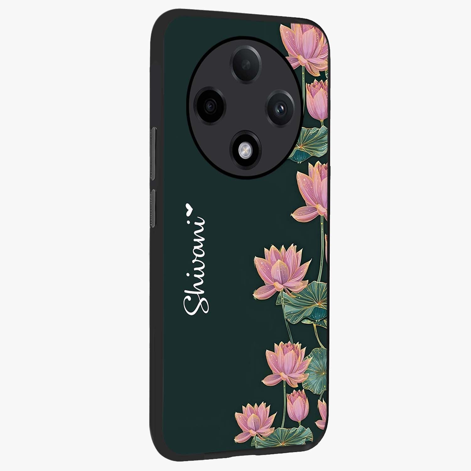 Lotus Bloom Serenity Custom Name Glass Case upright view showcasing serene lotus bloom artwork with personalized floral aesthetic.