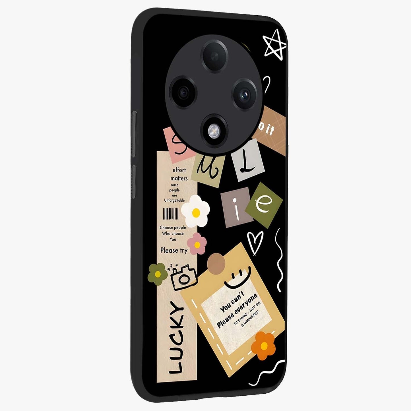 Lucky Aesthetic Collage Glass Case upright view showcasing vibrant collage artwork with youthful aesthetic theme.