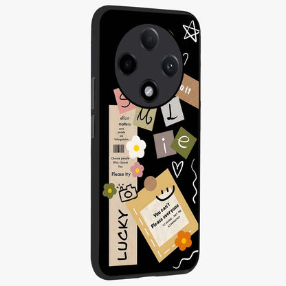Lucky Aesthetic Collage Glass Case upright view showcasing vibrant collage artwork with youthful aesthetic theme.