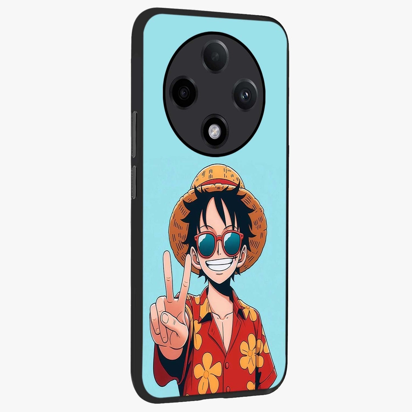Luffy Summer Anime Vibe Glass Case upright view showcasing dynamic anime artwork with bright adventurous theme.