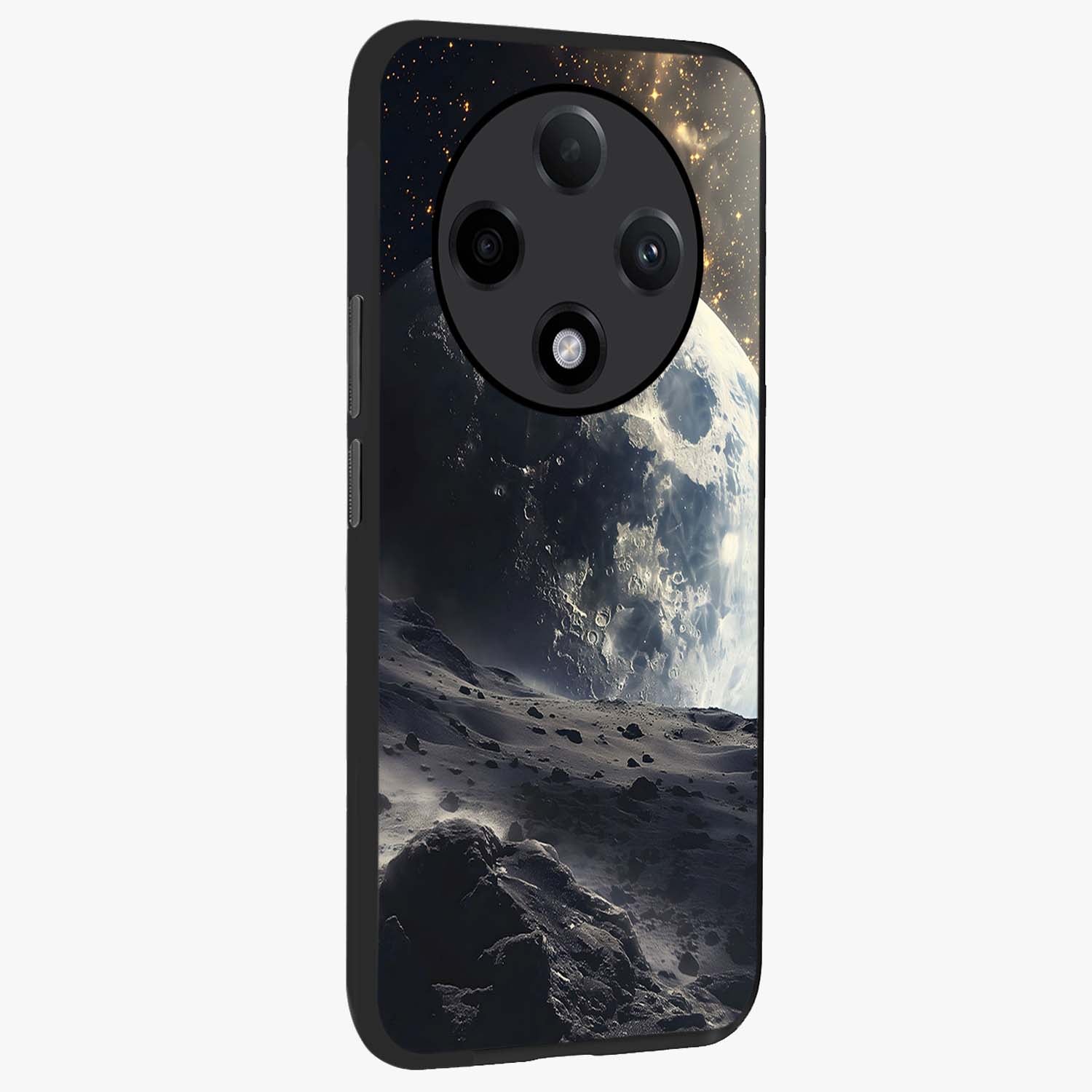 Lunar Horizon Glow Glass Case upright view showcasing radiant lunar artwork with calm cosmic theme.