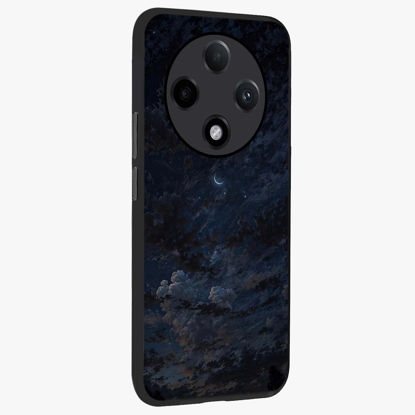 Lunar Veil Silence Glass Case upright view showcasing calm moon themed artwork with serene night atmosphere.