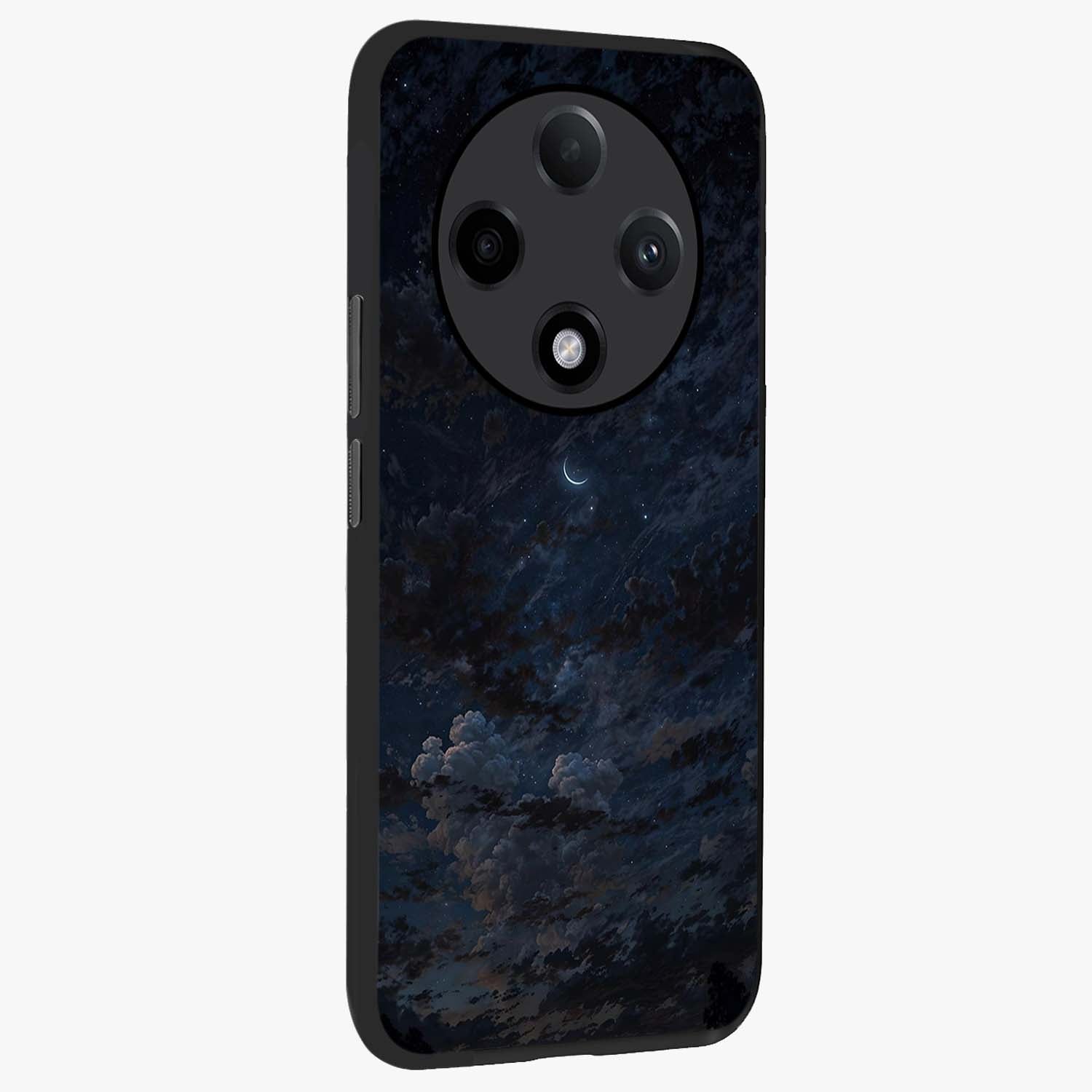 Lunar Veil Silence Glass Case upright view showcasing calm moon themed artwork with serene night atmosphere.