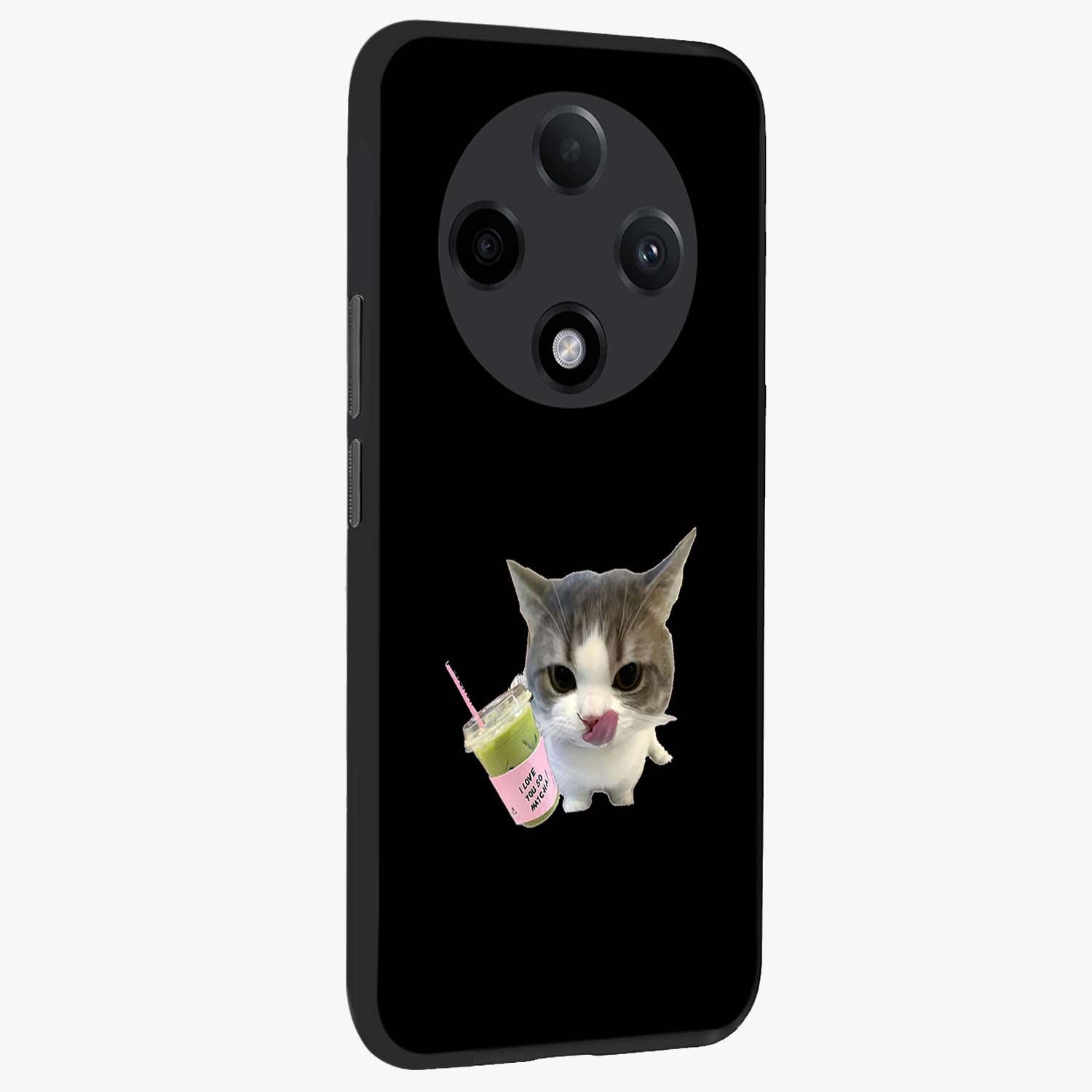Matcha Cat Style Glass Case upright view showcasing charming cat artwork with cozy aesthetic theme.