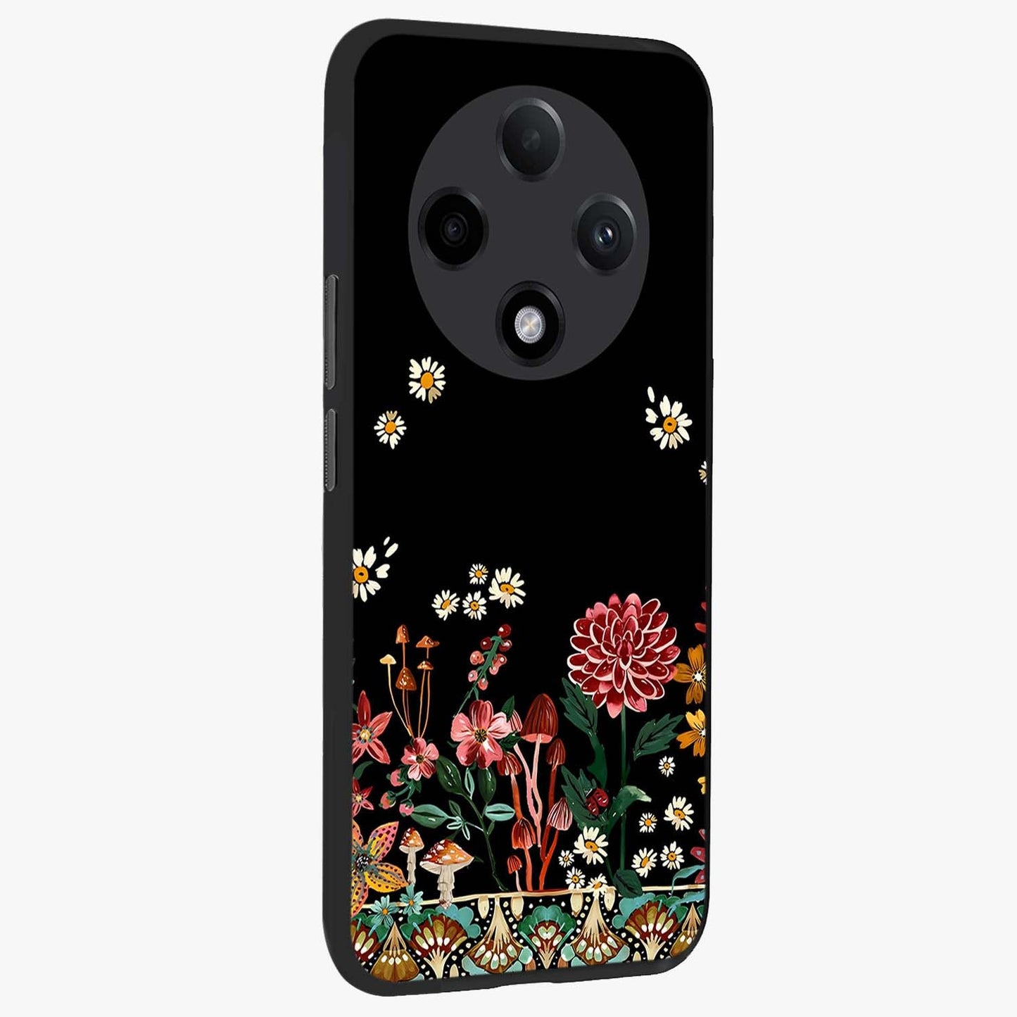 Midnight Bloom Pattern Glass Case upright view showcasing decorative floral artwork with deep night themed palette.