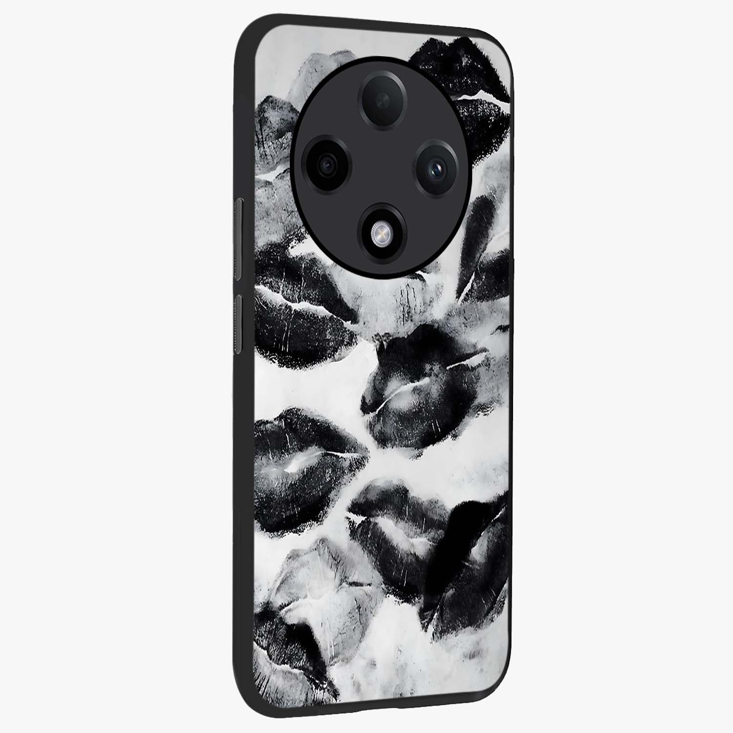 Midnight Kiss Marks Glass Case upright view showcasing stylish kiss mark artwork with trendy romantic theme.