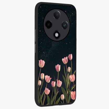 Midnight Tulip Whispers Vibe Glass Case upright view showcasing graceful tulip artwork with calm botanical theme.
