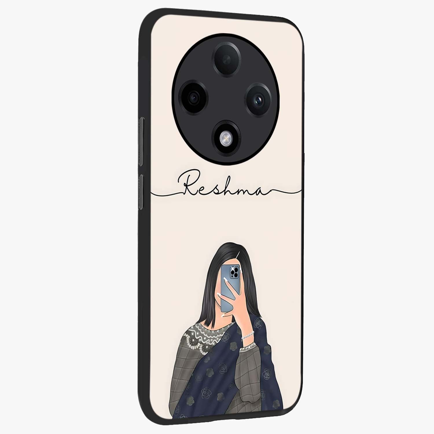 Mirror Mood Muse With Custom Name Glass Case upright view showcasing artistic mirror themed artwork with personalized aesthetic.