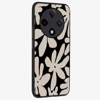Monochrome Petal Dance Glass Case upright view showcasing artistic floral pattern with stylish monochrome theme.