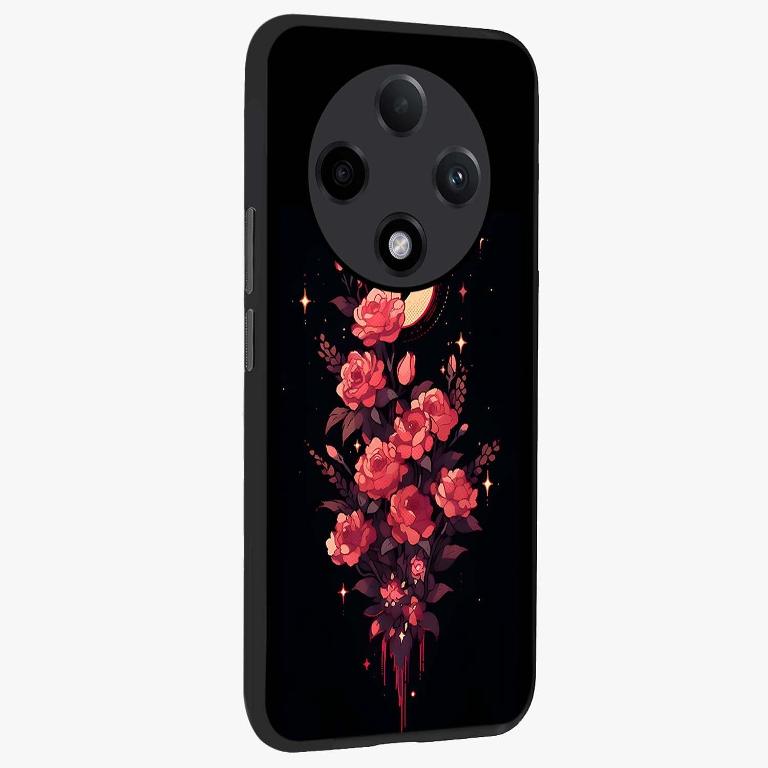 Moonlit Floral Elegance Glass Case upright view showcasing delicate floral artwork with refined night inspired theme.