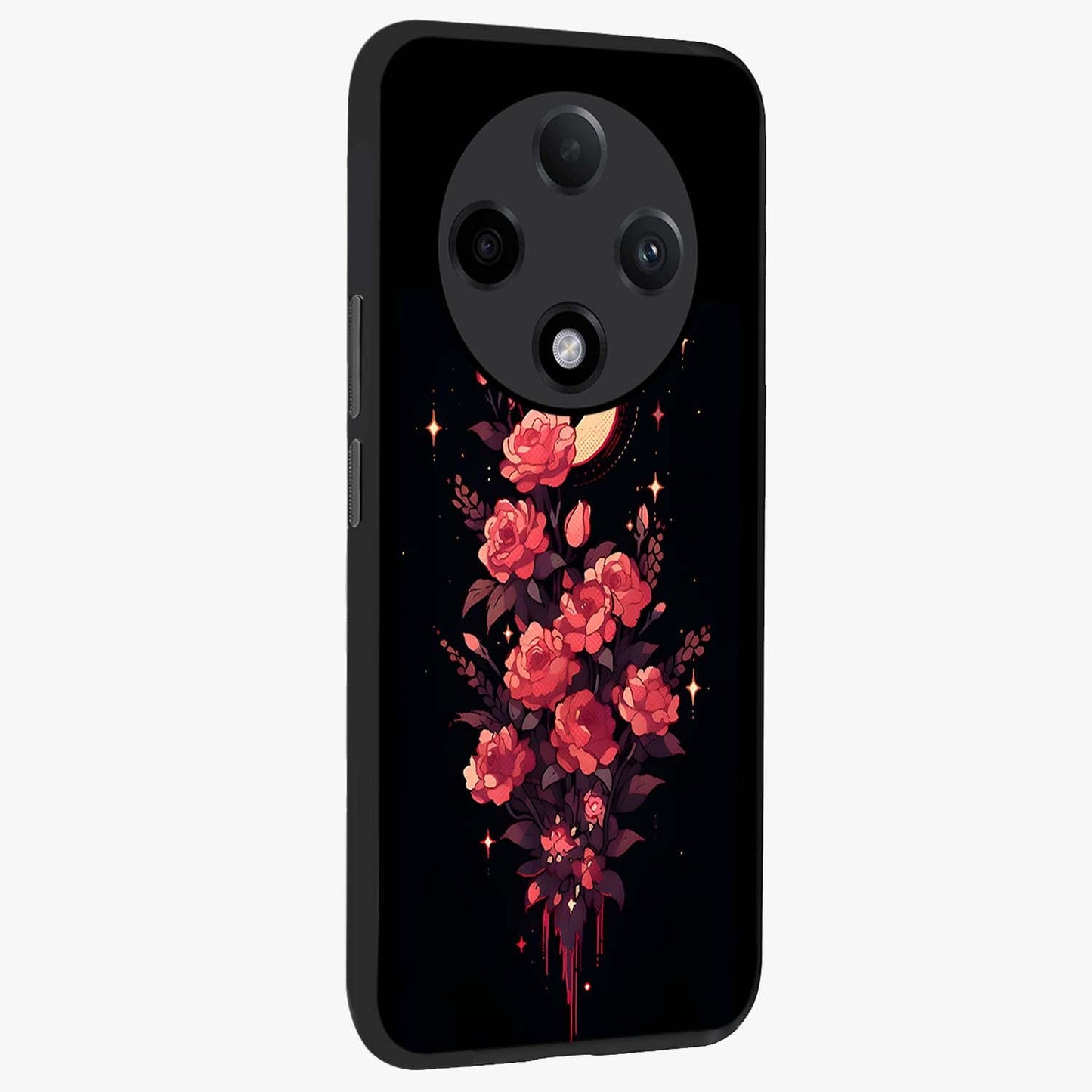 Moonlit Floral Elegance Glass Case upright view showcasing delicate floral artwork with refined night inspired theme.