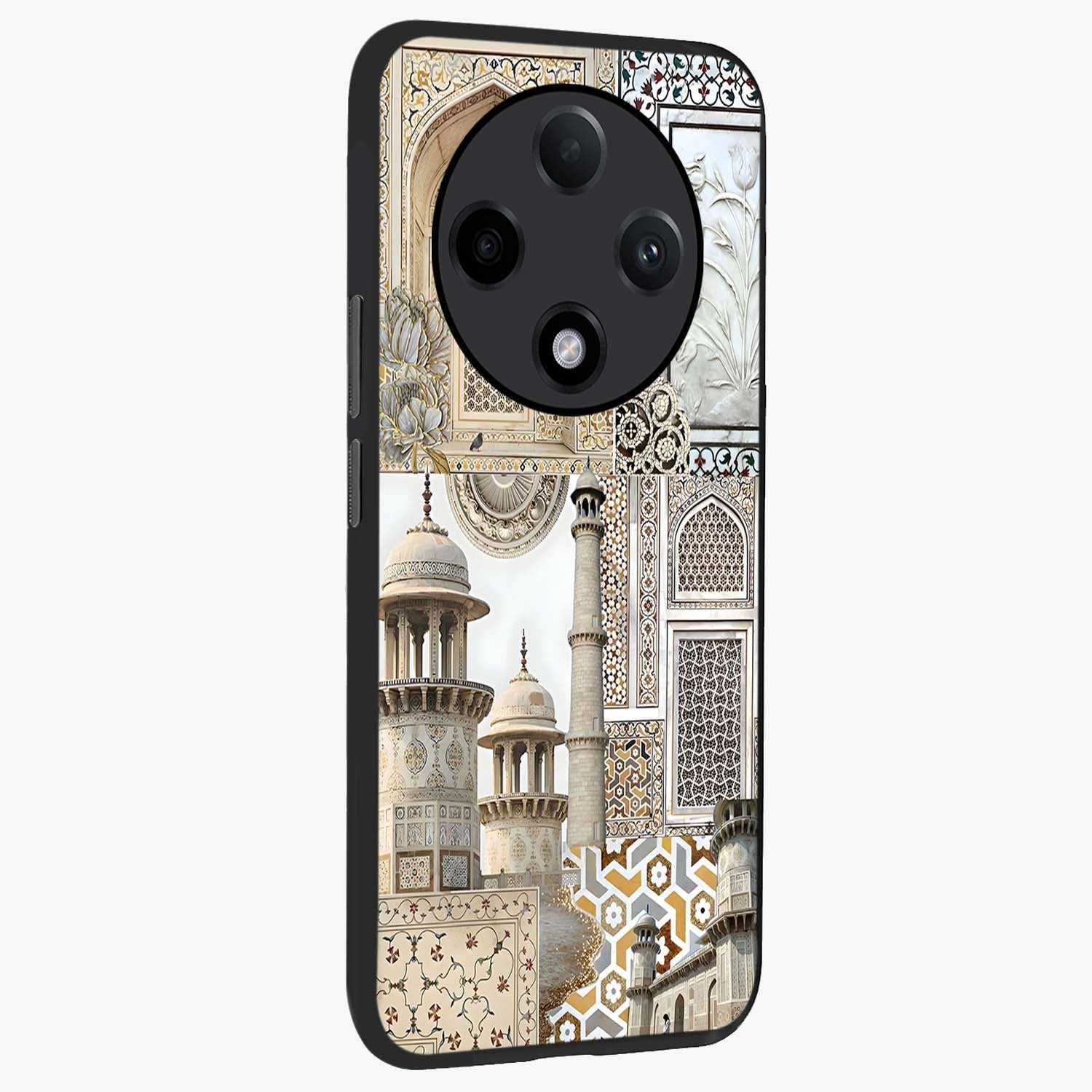 Mughal Marble Legacy Glass Case upright view showcasing ornate Mughal design with luxurious traditional theme.