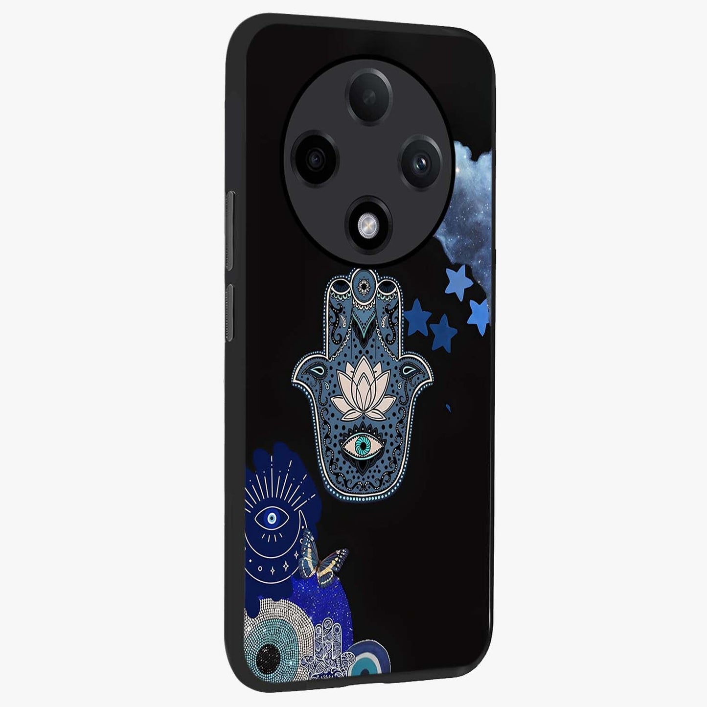 Mystic Hand Aura Glass Case upright view showcasing symbolic hand artwork with mystical energy theme.