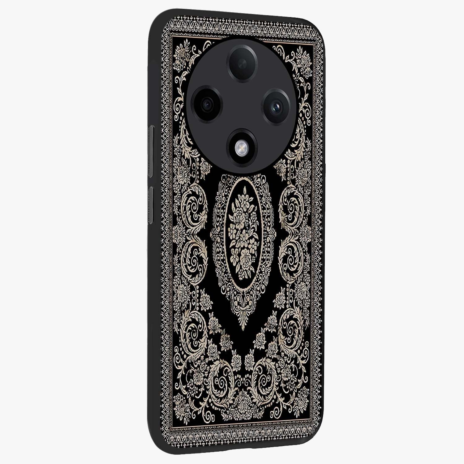 Noir Bloom Elegance Glass Case upright view showcasing graceful floral artwork with luxurious dark theme.