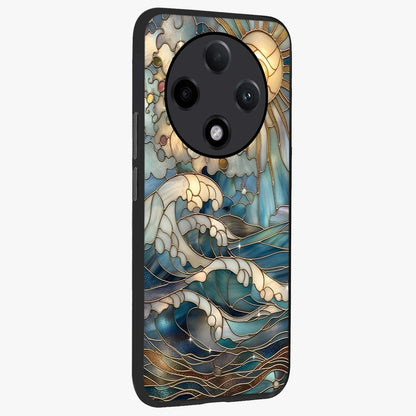 Oceanic Stained Printed Glass Case upright view showcasing decorative ocean pattern artwork with vibrant marine theme.