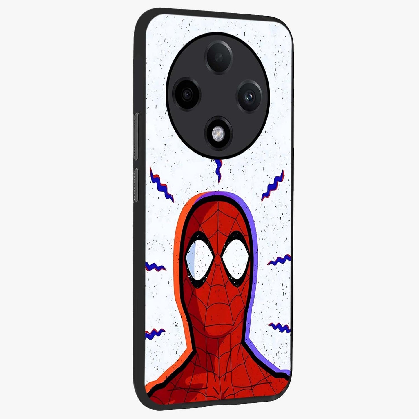 Omg Spiderman Glass Case upright view showcasing energetic superhero artwork with vibrant comic theme.