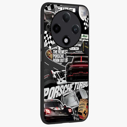 Porsche Racing Collage Glass Case upright view showcasing energetic car collage artwork with high speed racing theme.