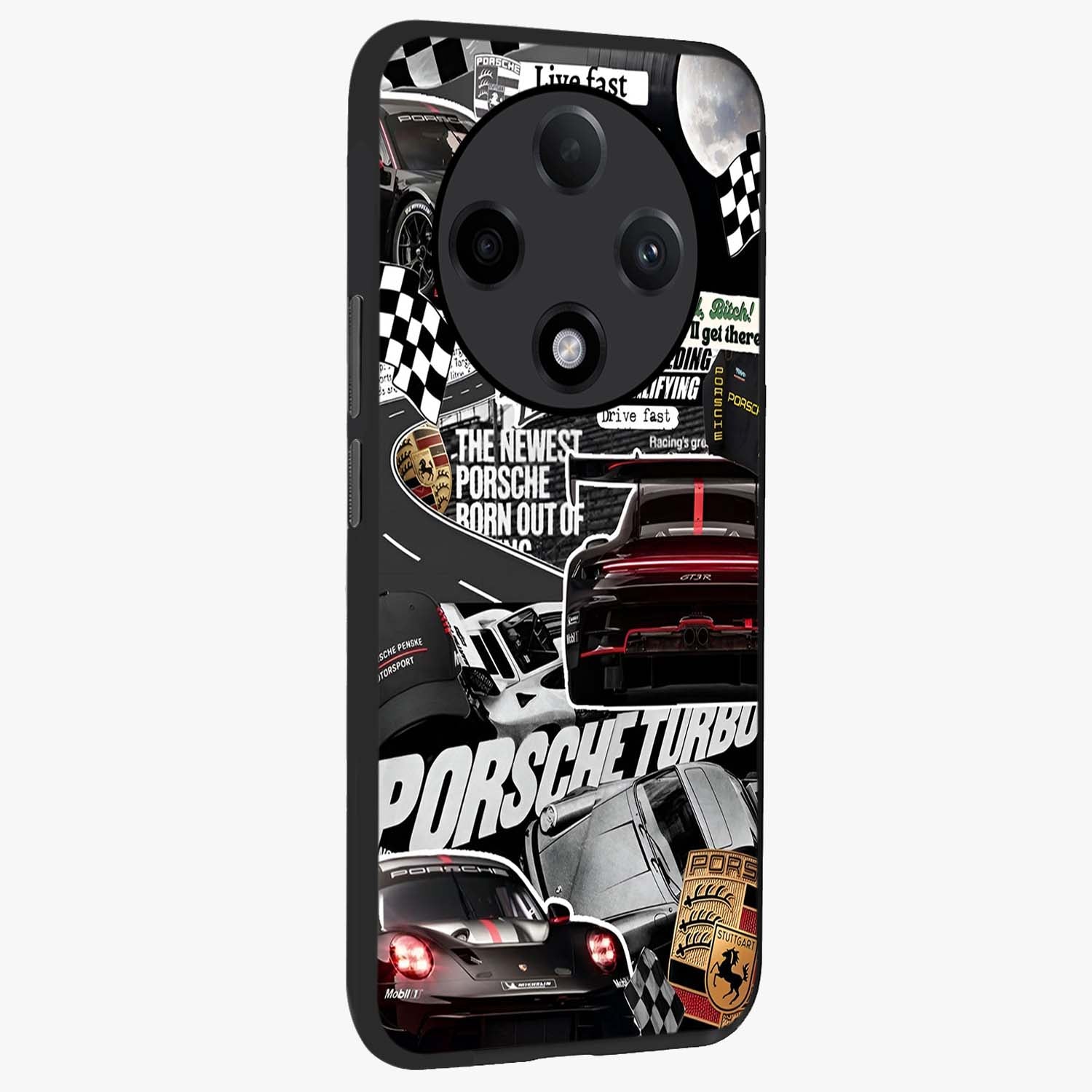 Porsche Racing Collage Glass Case upright view showcasing energetic car collage artwork with high speed racing theme.