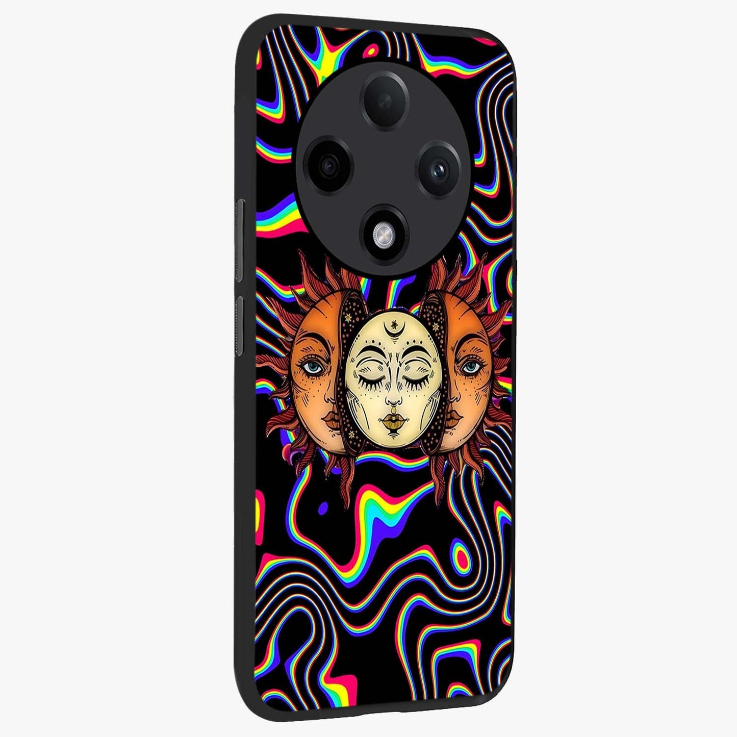 Psychedelic Sun Glass Case upright view showcasing trippy sun artwork with bold psychedelic theme.