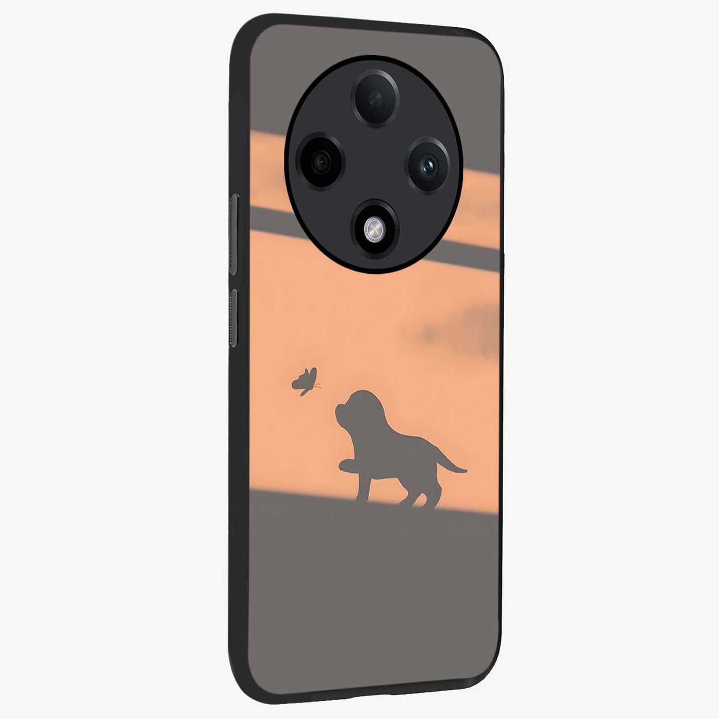 Puppy Shadow Art Glass Case upright view showcasing charming puppy artwork with creative silhouette theme.