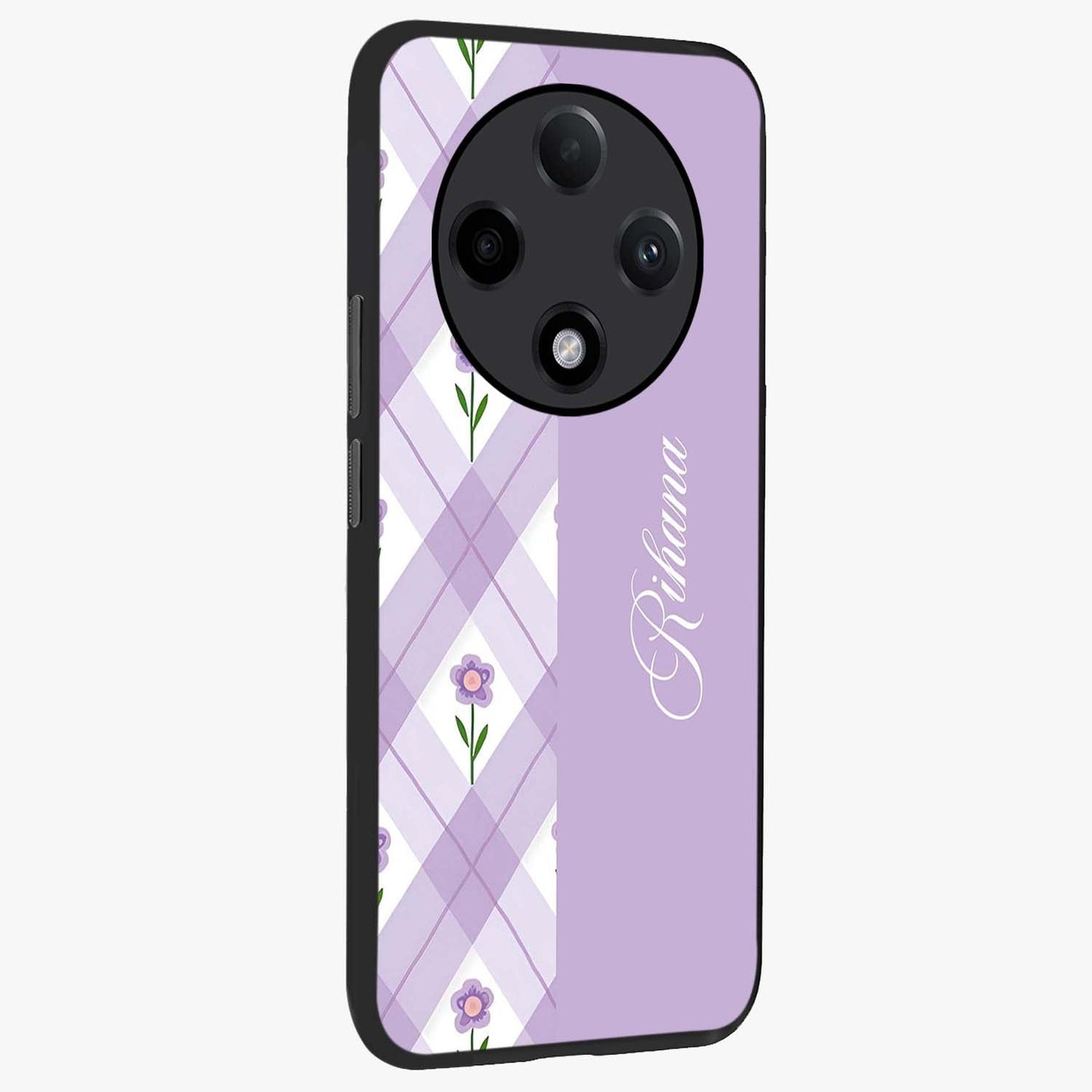 Purple Diamond Floral Glass Case upright view showcasing vibrant floral artwork with stylish geometric theme.