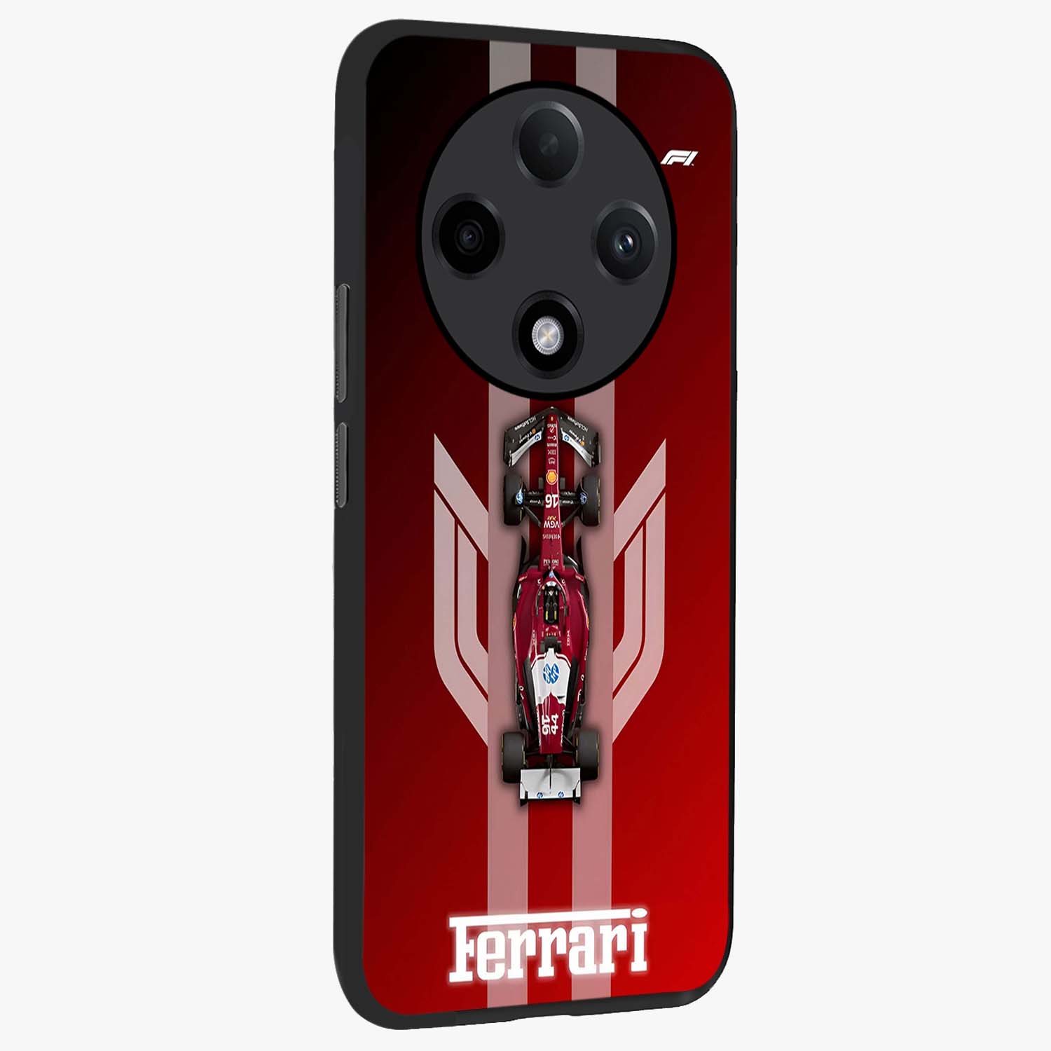 Red Ferrari F1 Vertical Glass Case upright view showcasing powerful Formula car artwork with dynamic motorsport theme.