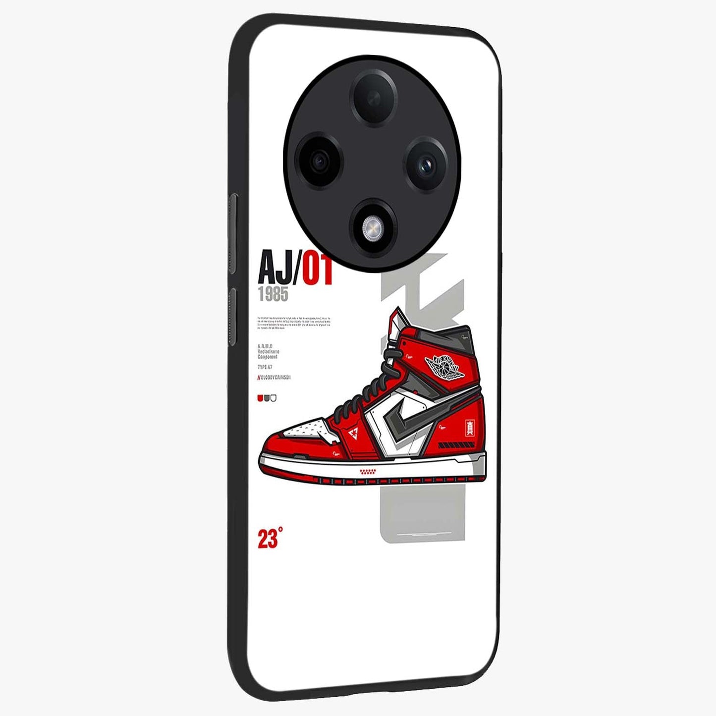 Retro Sneaker Blueprint Glass Case upright view showcasing stylish sneaker illustration with vintage streetwear theme.