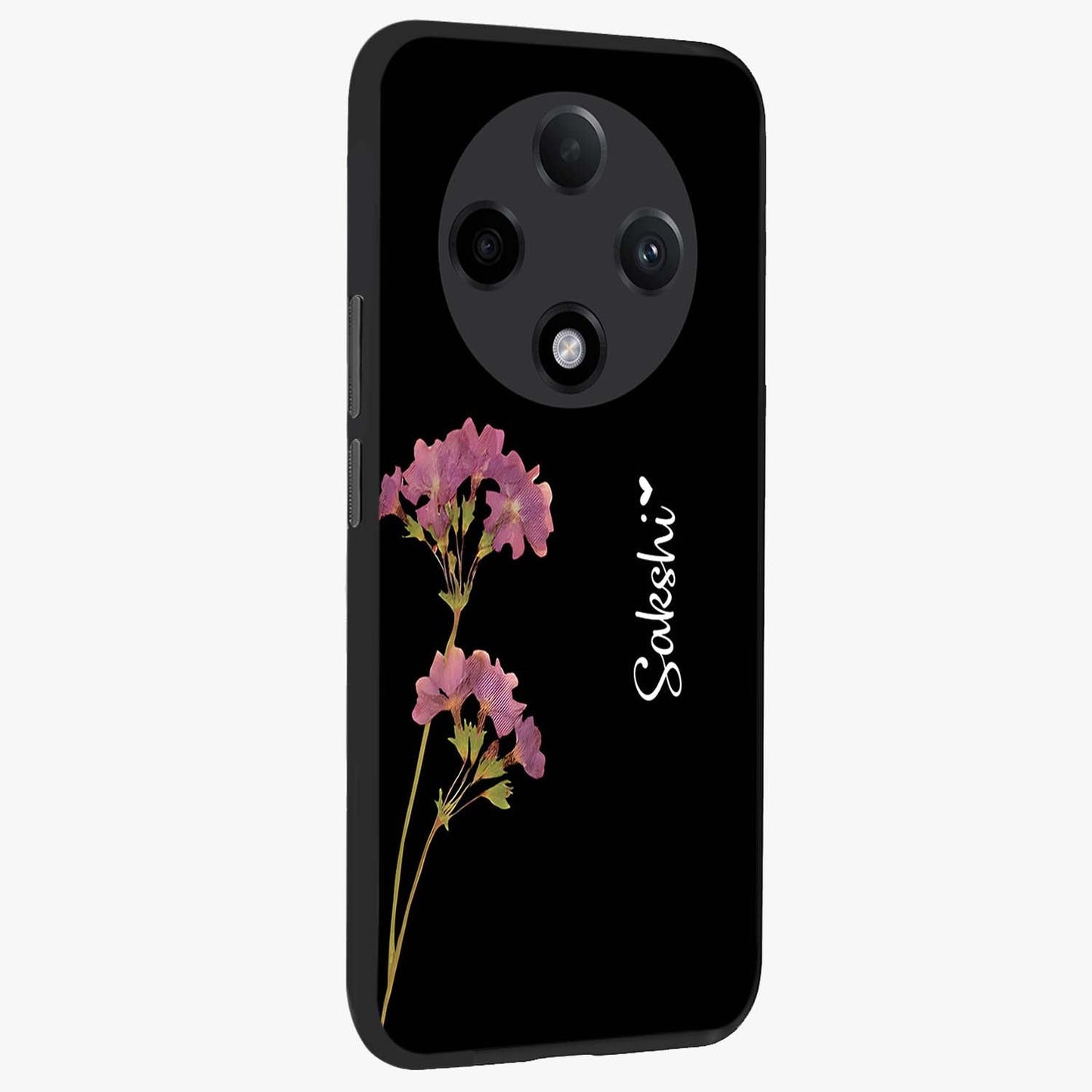 Riching Lavender Flower Custom Name Glass Case upright view showcasing elegant lavender floral artwork with personalized aesthetic.