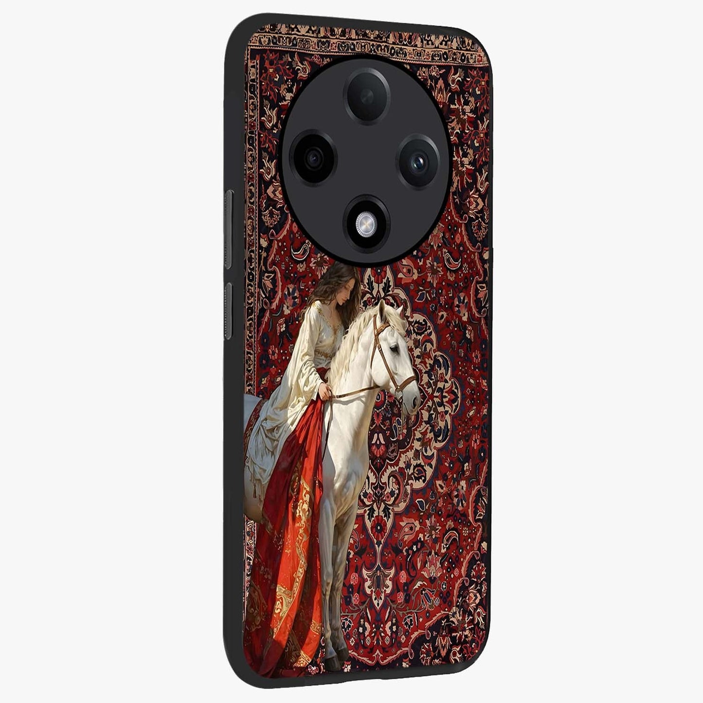 Royal Rider Tapestry Glass Case upright view showcasing detailed rider artwork with classic tapestry theme.