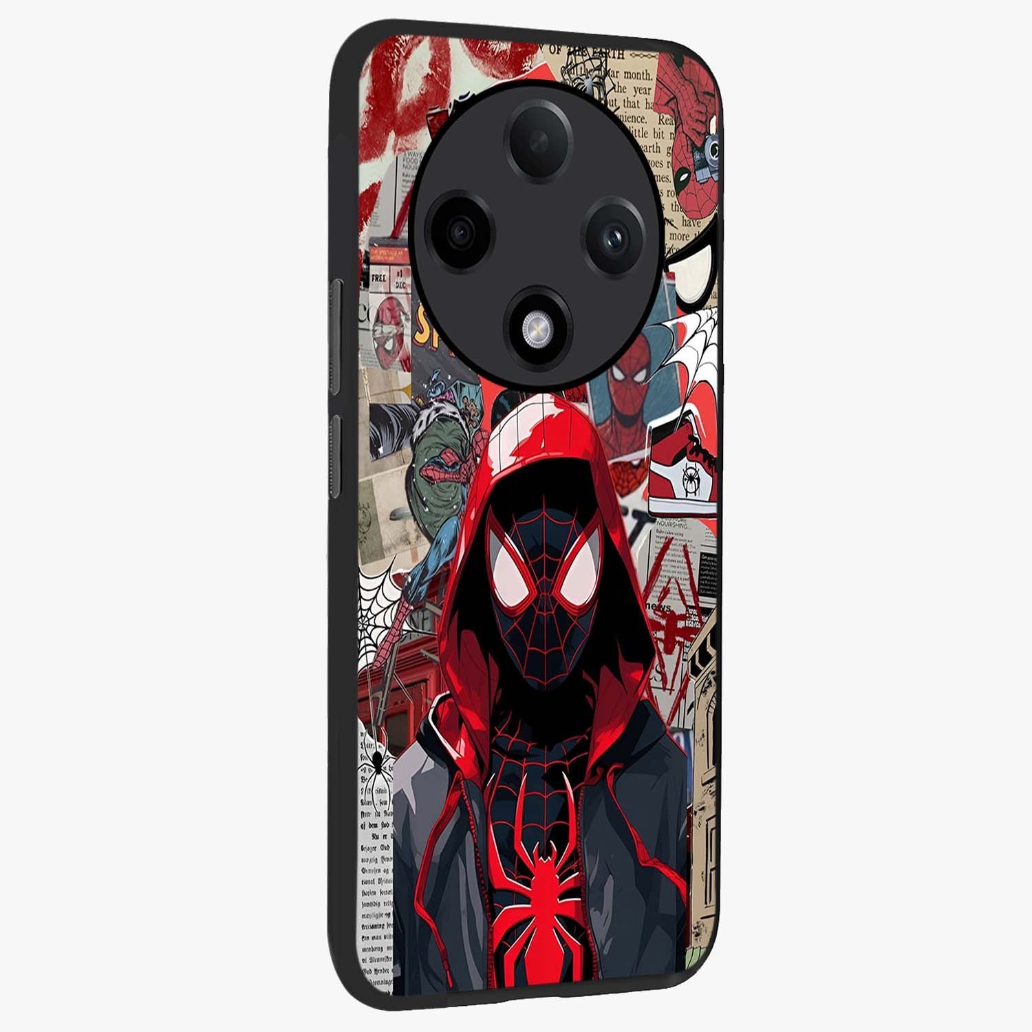Spider Collage Street Glass Case upright view showcasing bold superhero artwork with urban street theme.
