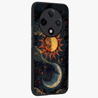 Sun And Moon Magic Design Glass Case upright view showcasing decorative sun and moon artwork with spiritual celestial theme.