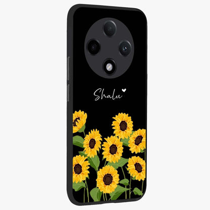 Sunflower Chic Mood Custom Name Glass Case upright view showcasing cheerful sunflower artwork with trendy floral theme.