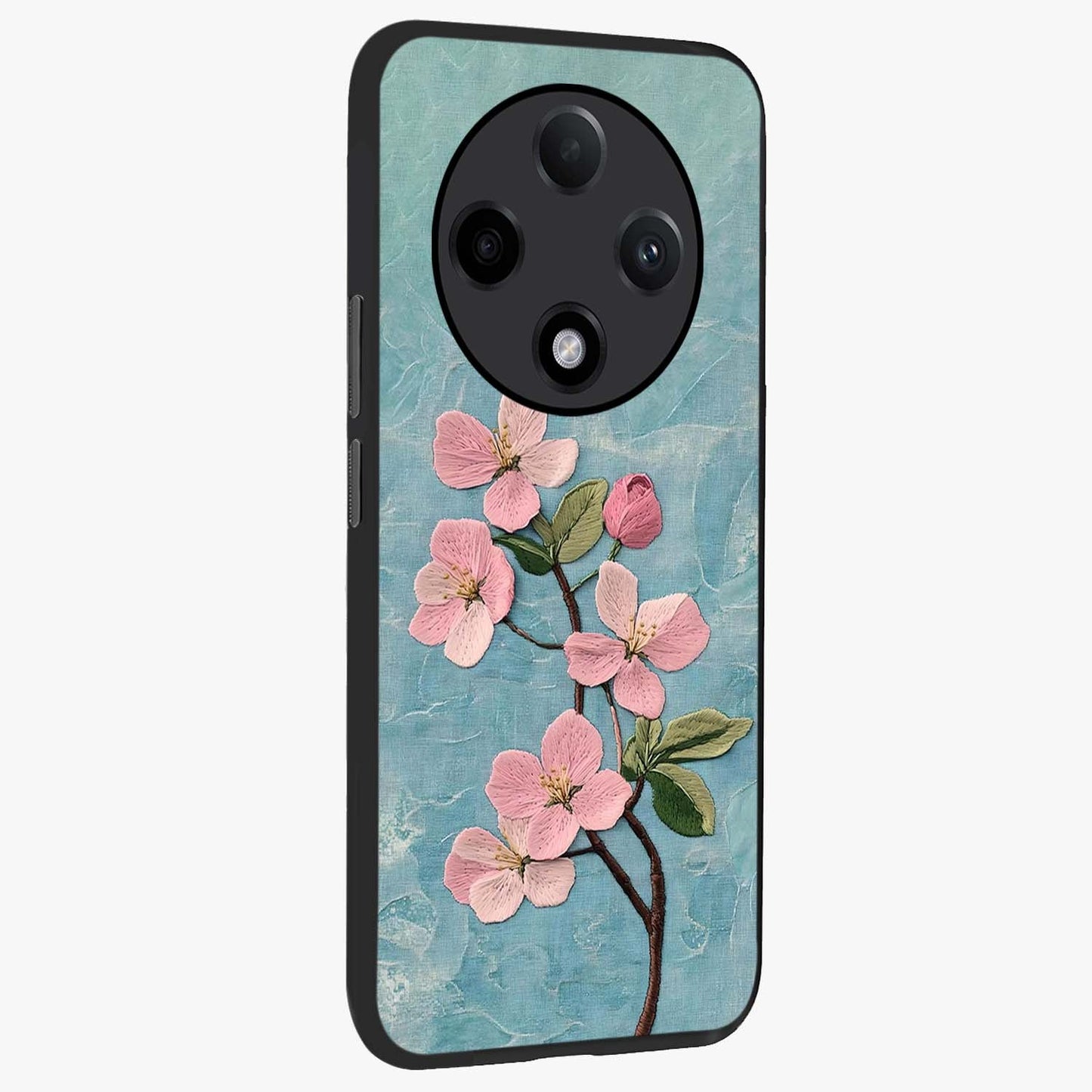 Threaded Blossom Breeze Glass Case upright view showcasing graceful flower artwork with calm botanical theme.