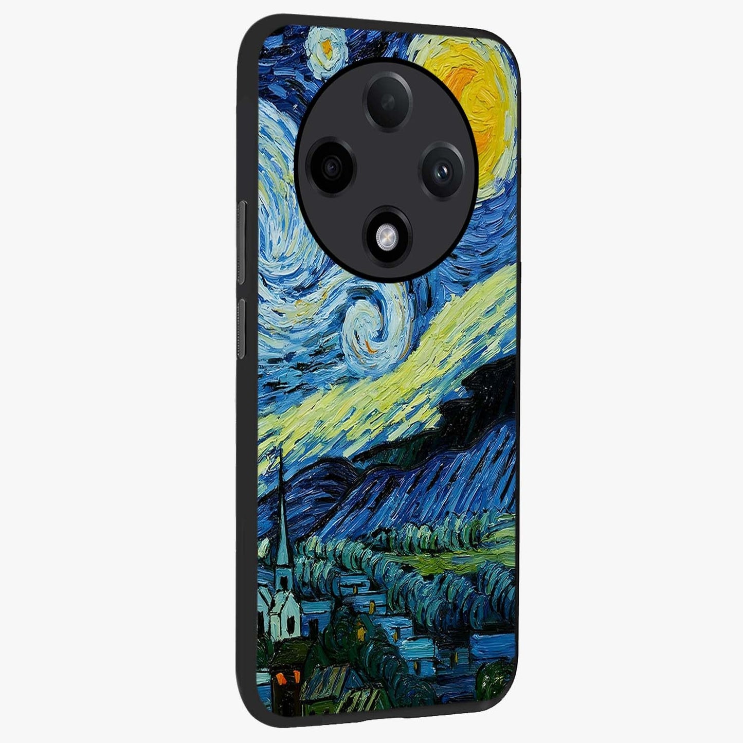 Van Gogh Art Glass Case upright view showcasing expressive painting style artwork with timeless artistic theme.