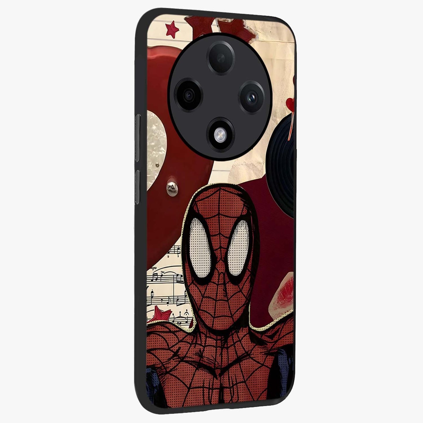 Web Warrior Vibes Glass Case upright view showcasing energetic superhero artwork with bold action theme.