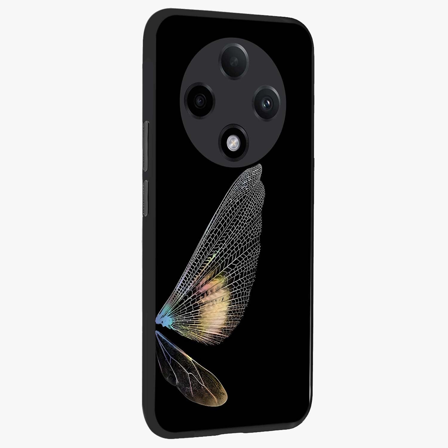 Whispers Of Wings Glass Case upright view showcasing elegant wing artwork with light airy theme.