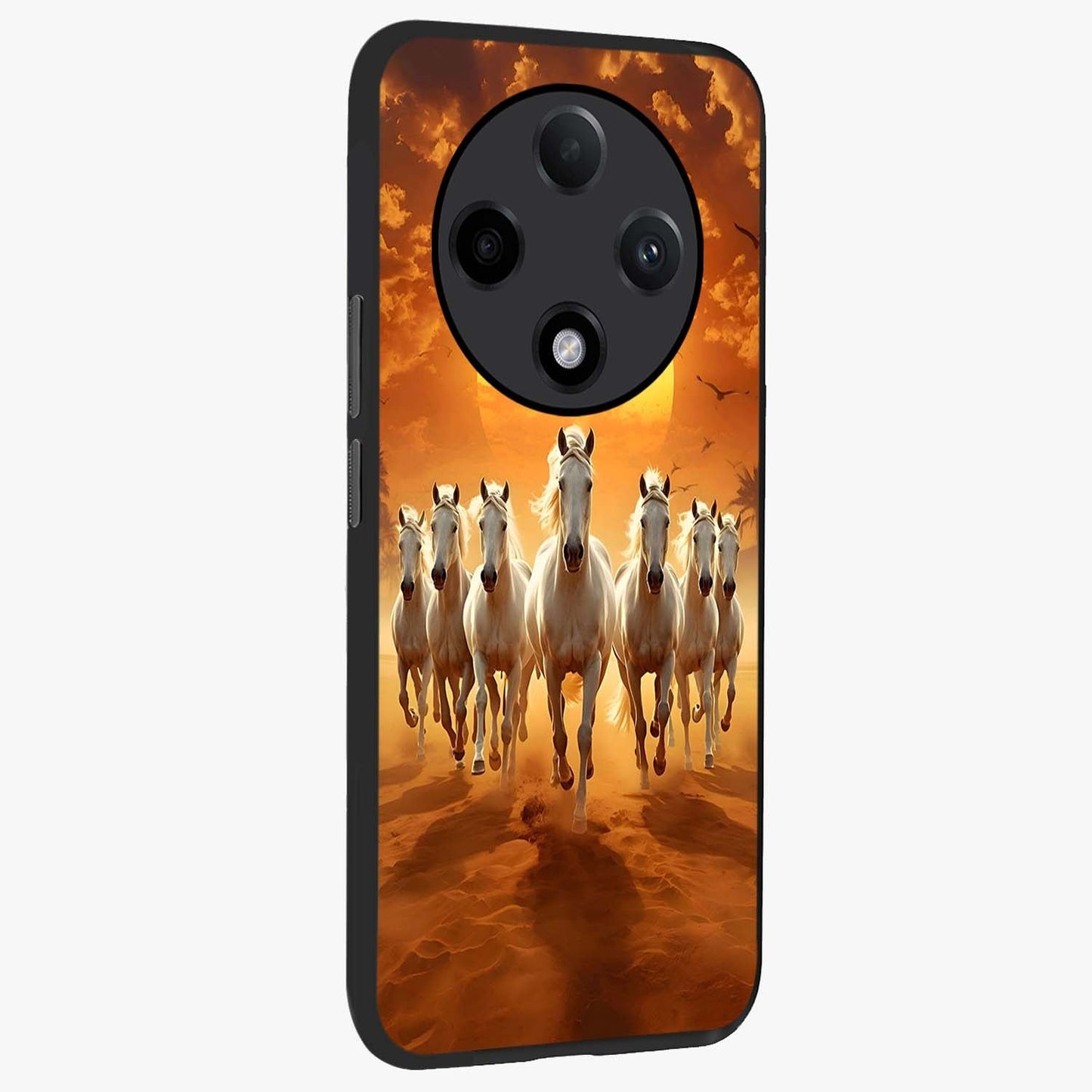 Wild Sunset Majesty Glass Case upright view showcasing dramatic sunset artwork with bold nature theme.