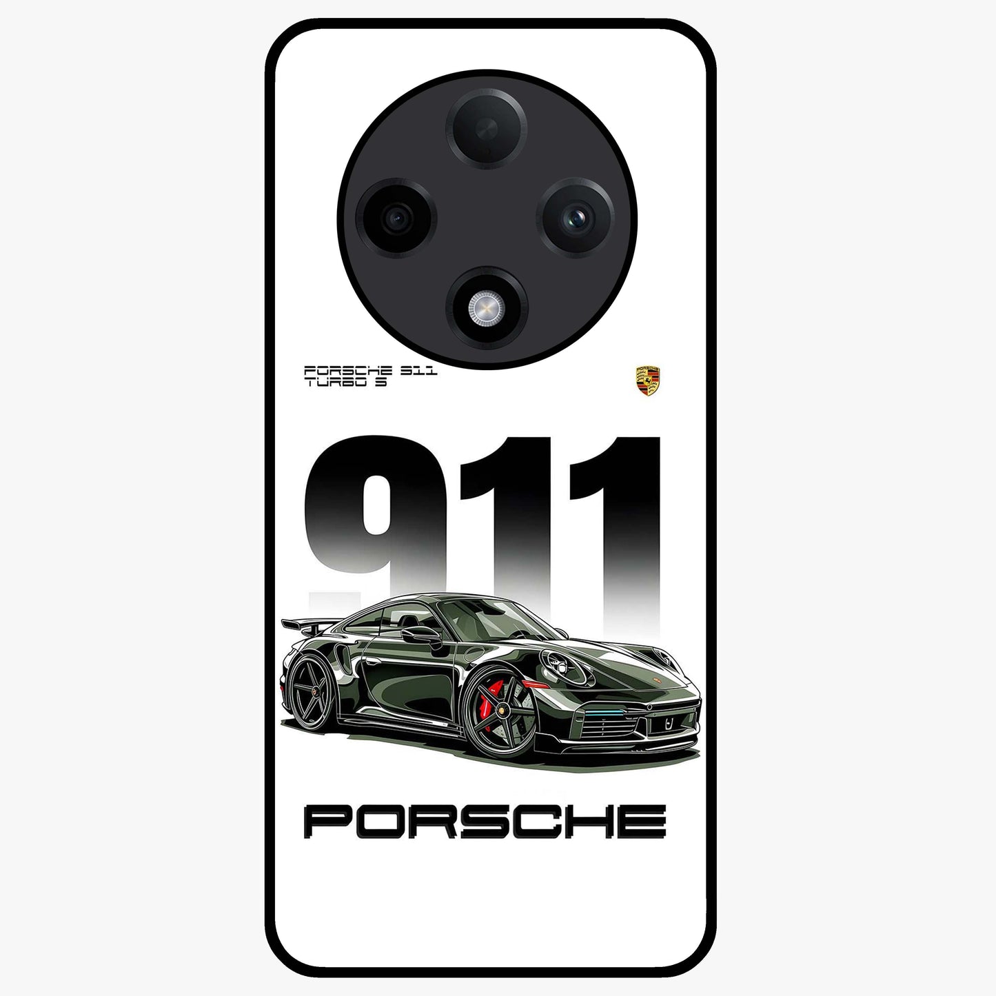 911 Turbo Dominance Glass Case showing clean flat back view with bold 911 sports car artwork and glossy glass finish.