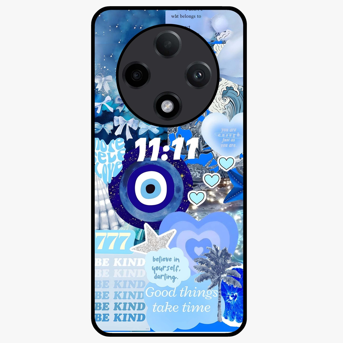Aesthetic Be Kind Eye Glass Case showing flat back view with motivational eye artwork and glossy glass finish.