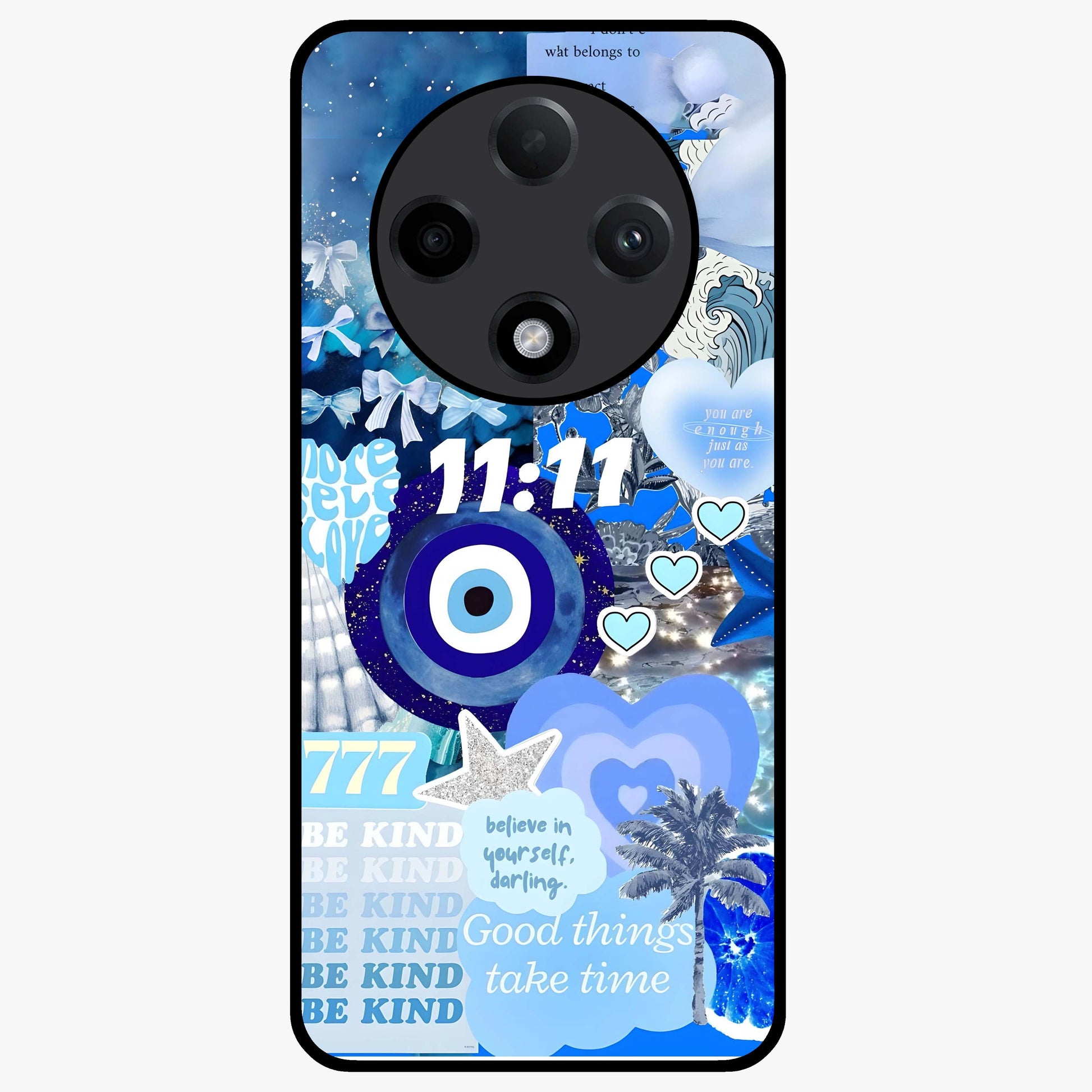 Aesthetic Be Kind Eye Glass Case showing flat back view with motivational eye artwork and glossy glass finish.