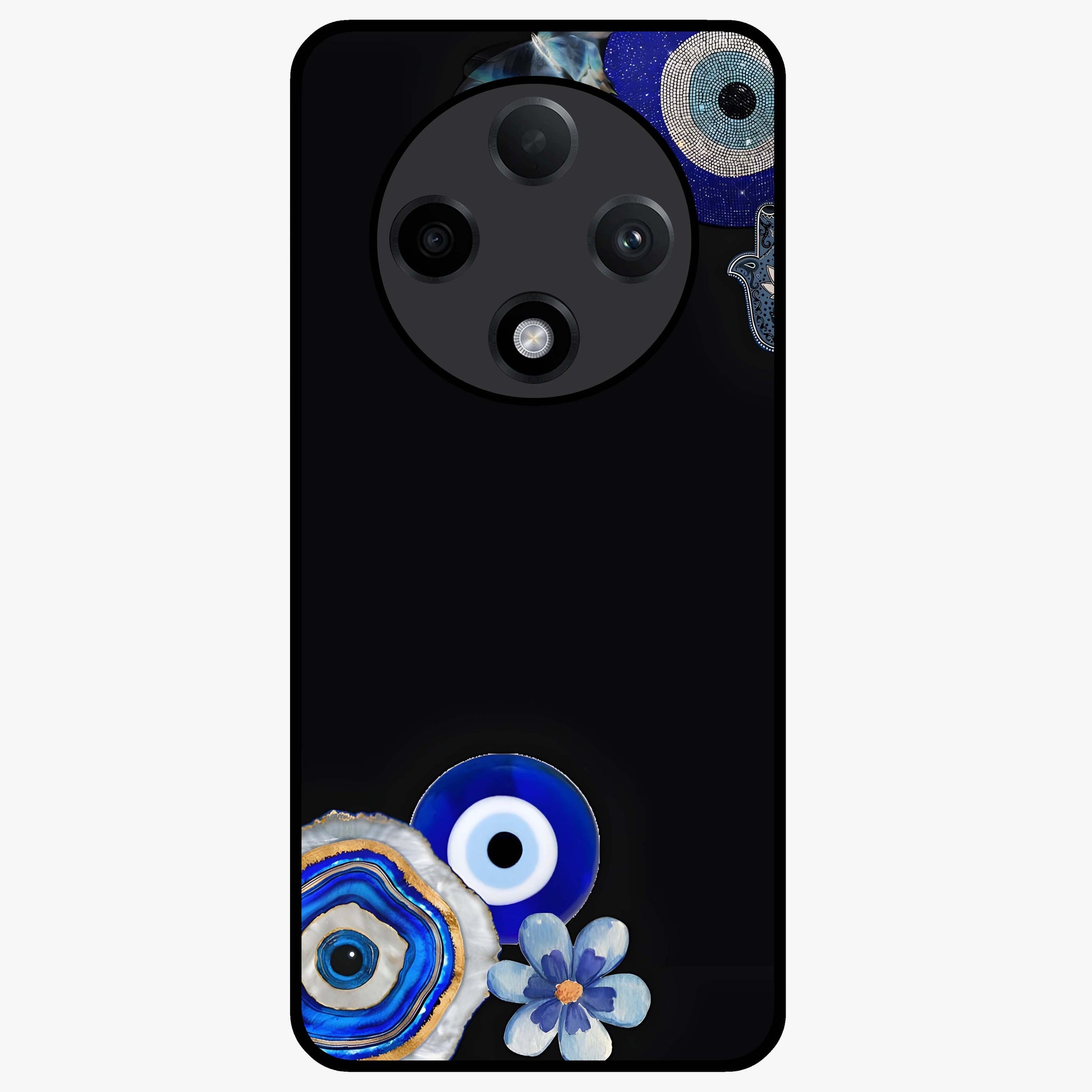 Aesthetic Blue Evil Eye Glass Case showing flat back view with protective evil eye artwork and glossy glass finish.