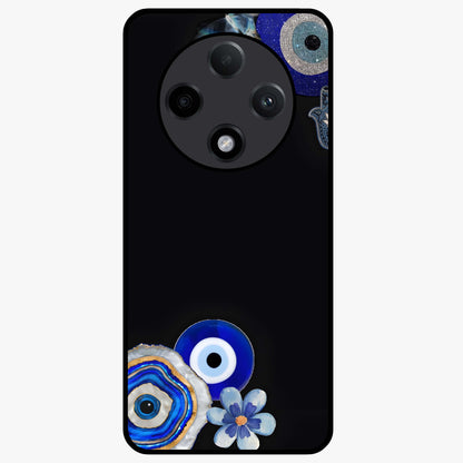 Aesthetic Blue Evil Eye Glass Case showing flat back view with protective evil eye artwork and glossy glass finish.