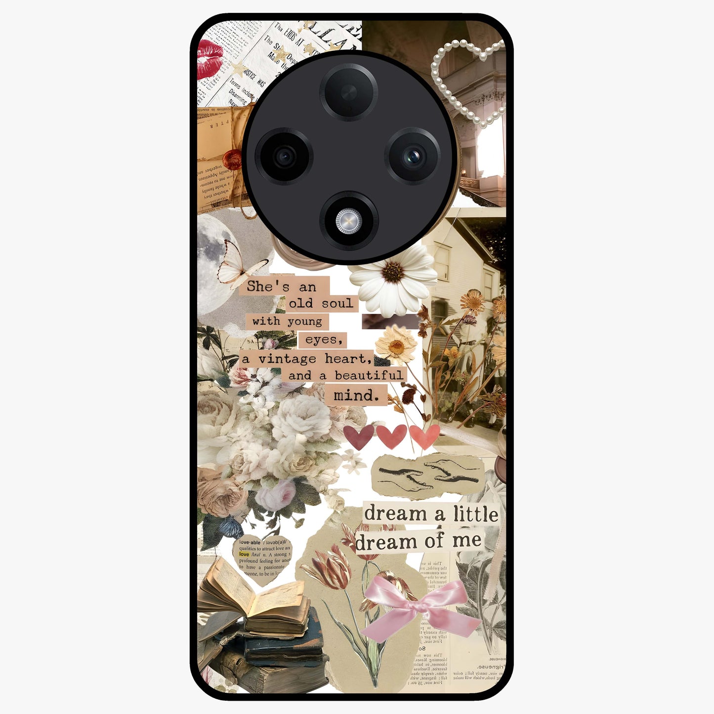 Aesthetic Brown Vintage Collage Glass Case showing flat back view with retro collage artwork and glossy glass finish.
