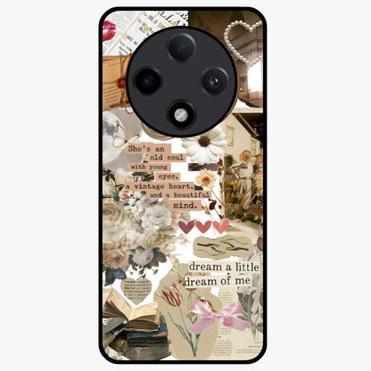 Aesthetic Brown Vintage Collage Glass Case showing flat back view with retro collage artwork and glossy glass finish.