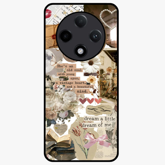 Aesthetic Brown Vintage Collage Glass Case showing flat back view with retro collage artwork and glossy glass finish.
