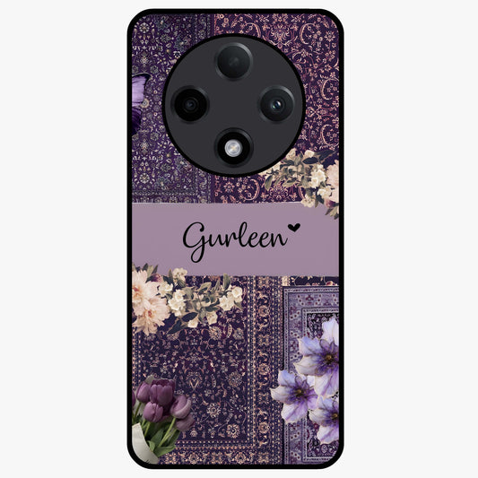 Antique Floral Whisper Custom Name Glass Case showing flat back view with vintage floral artwork and personalized name design.