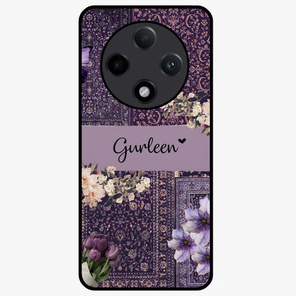 Antique Floral Whisper Custom Name Glass Case showing flat back view with vintage floral artwork and personalized name design.