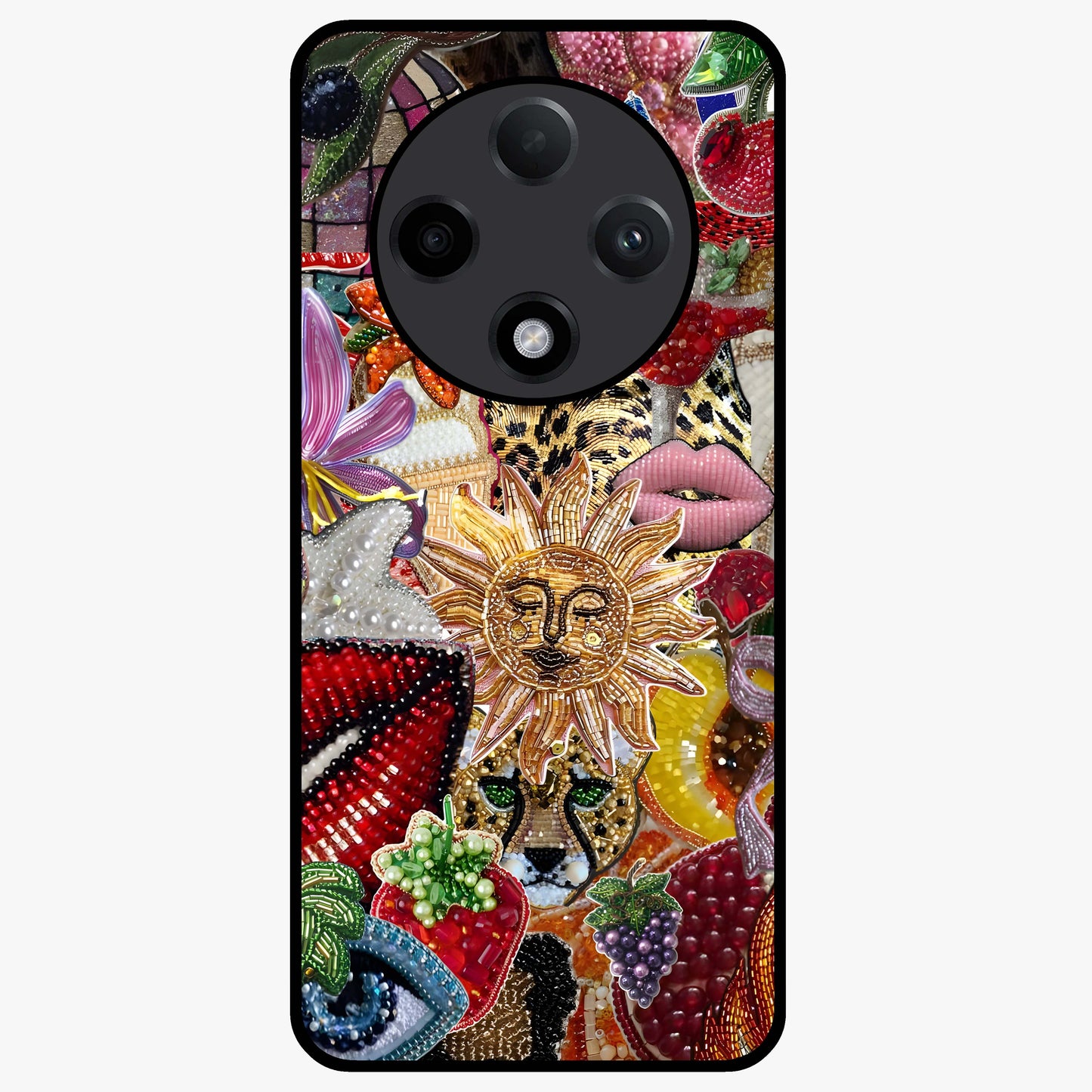 Beaded Fashion Jungle Glass Case showing flat back view with vibrant jungle inspired bead artwork and glossy glass finish.