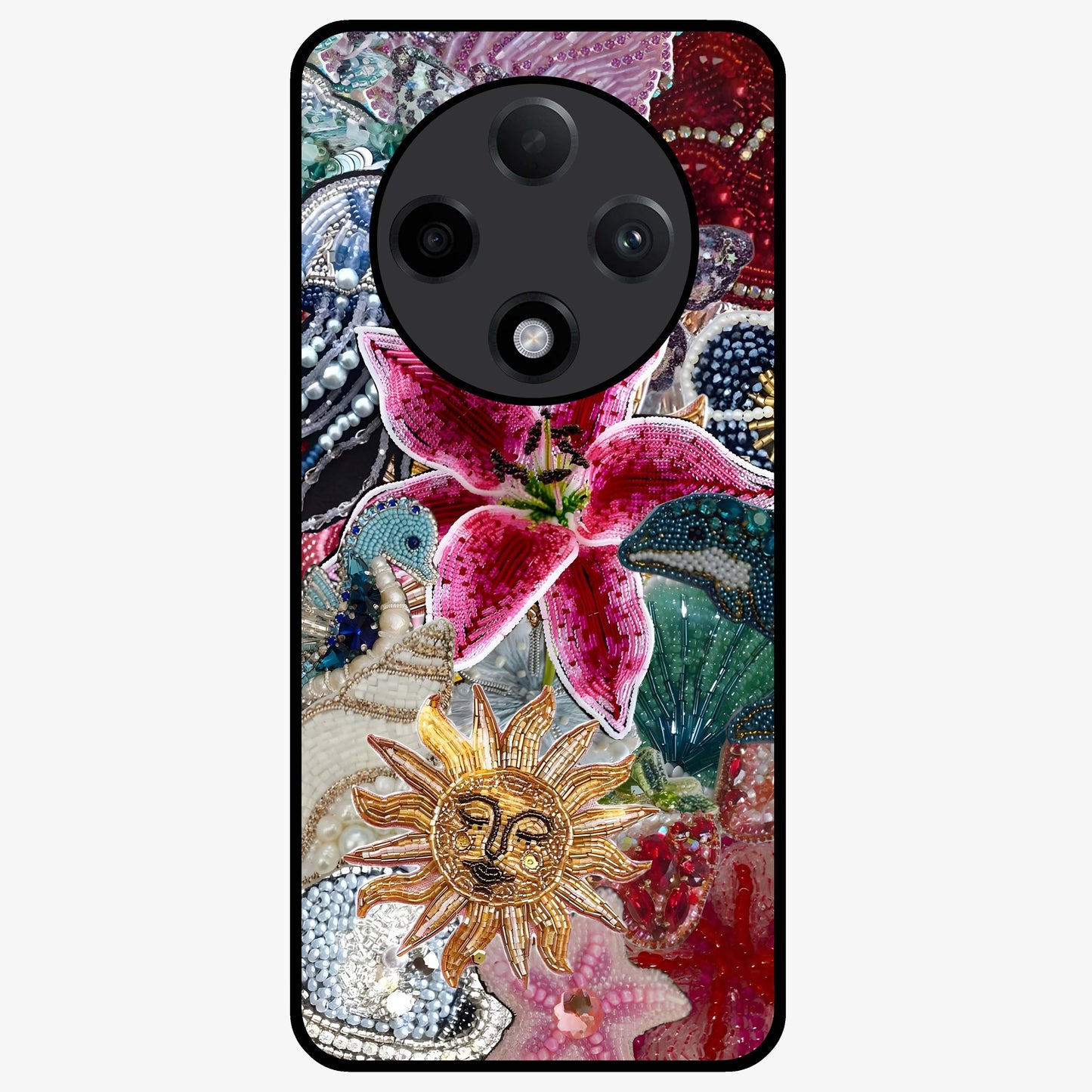 Beaded Garden Fantasy Glass Case showing flat back view with dreamy garden bead artwork and glossy glass finish.