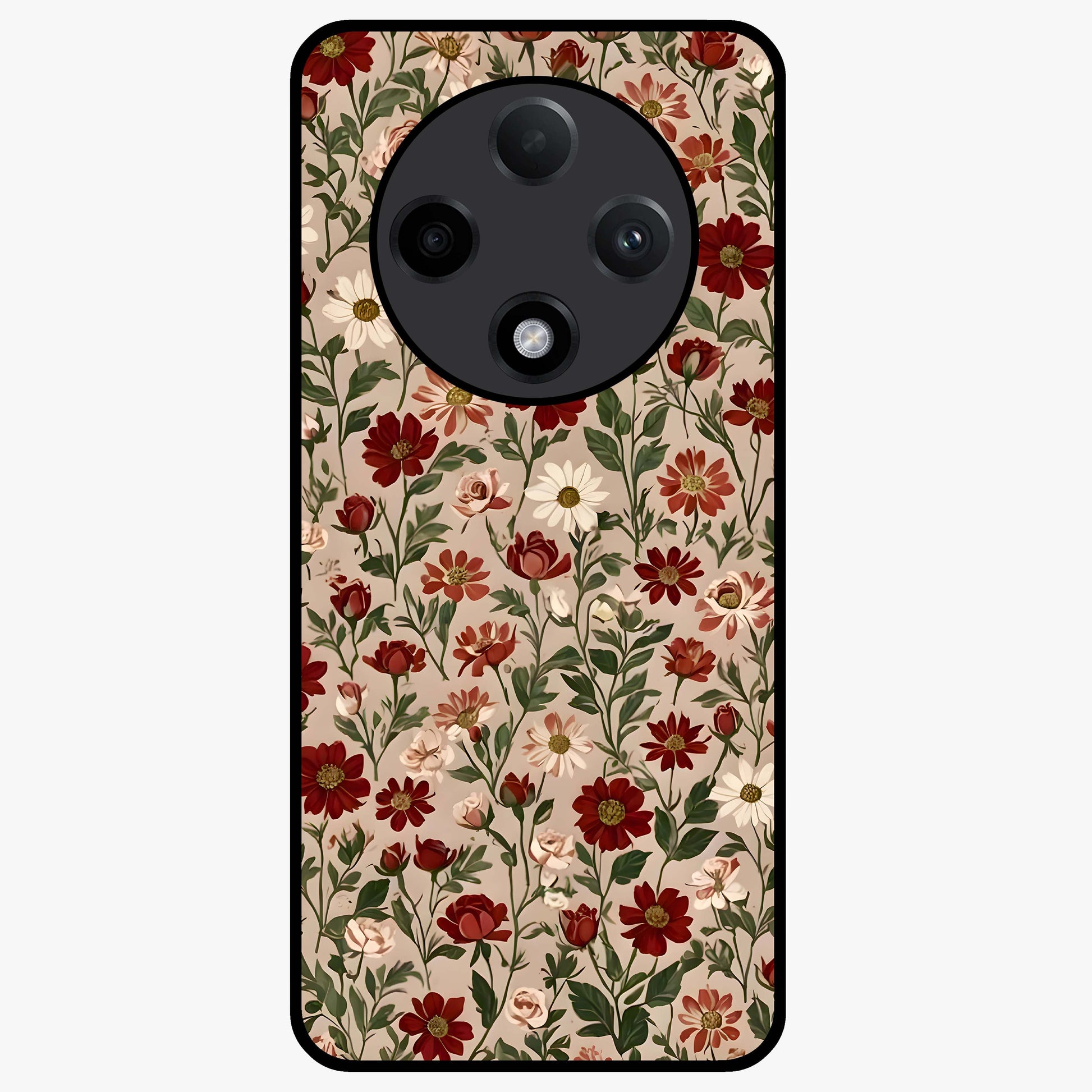 Biege Flower With Leaf Glass Case showing flat back view with soft beige floral artwork and glossy glass finish.